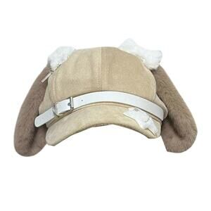Harajuku Kawaii Brown Bunny Puppy Ear Hat w/ White Buckle Strap & Plush Accents